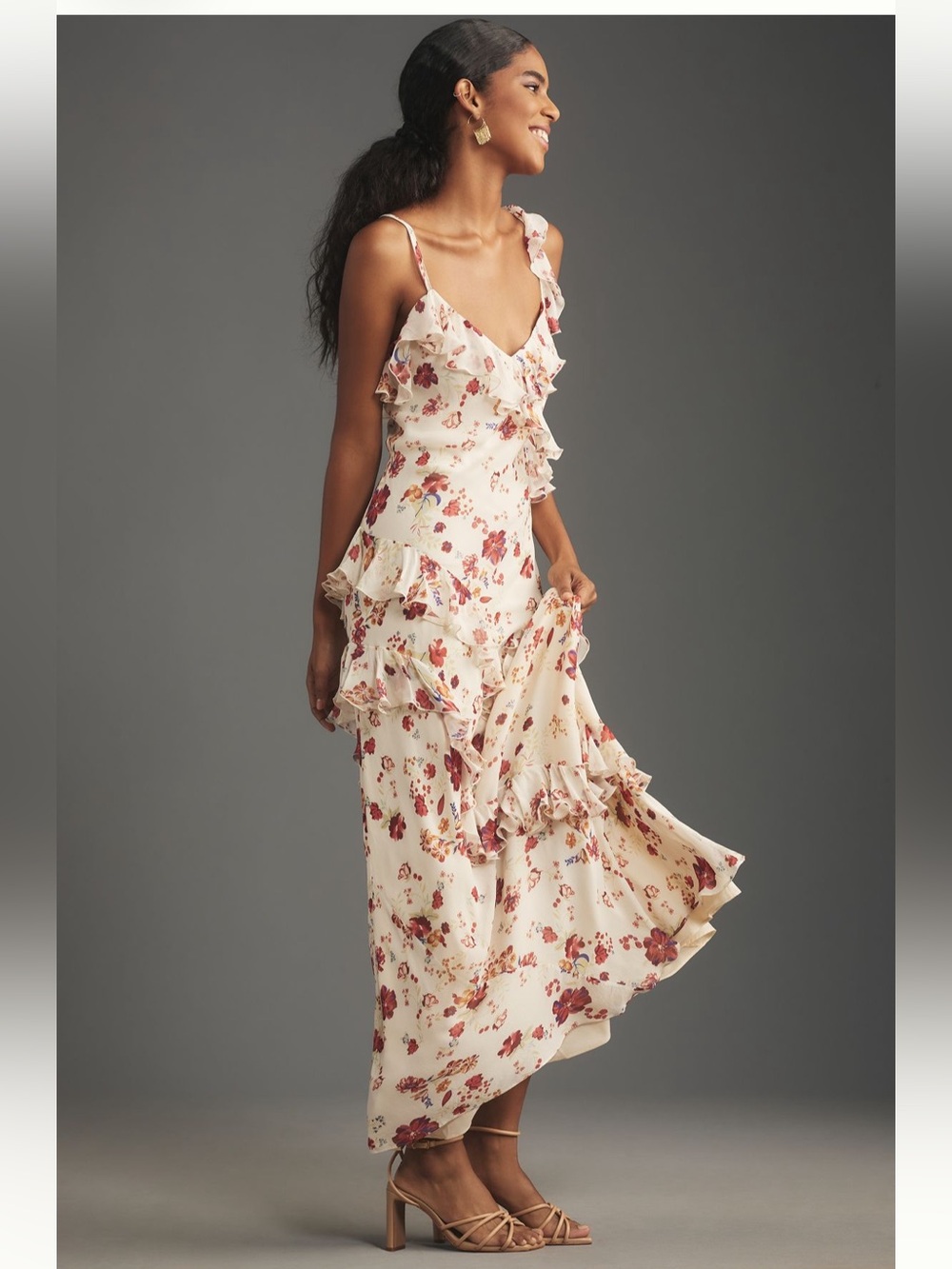 Anthropologie Let Me Be Sleeveless Romantic Floral Ruffle Maxi Dress - 12 Petite